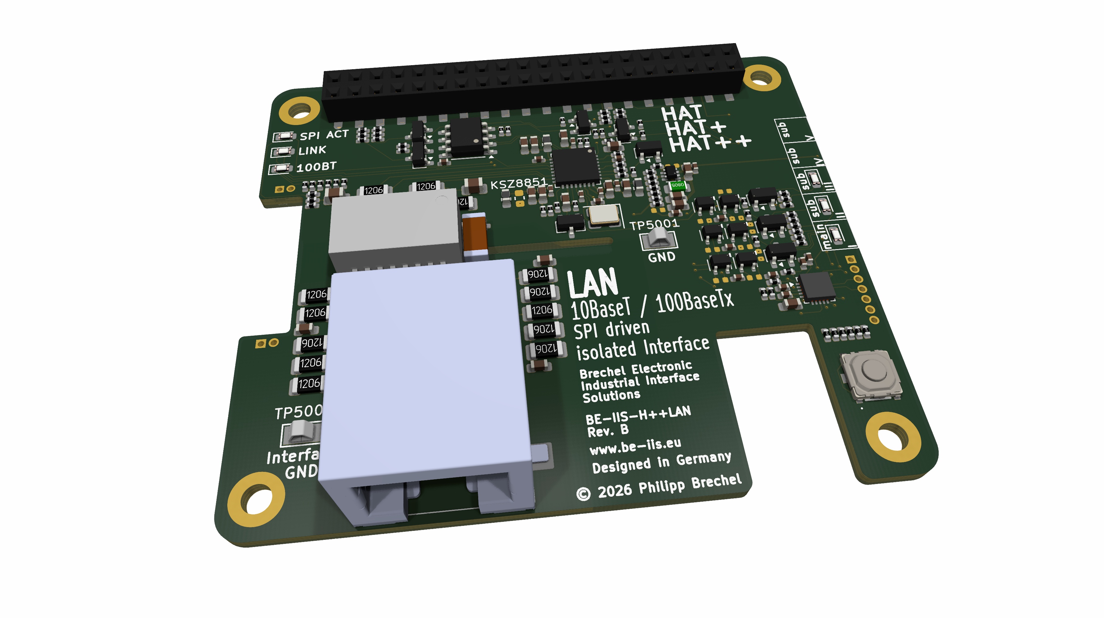 Isolated 100BASE-TX Industrial Ethernet HAT++ for Raspberry Pi
